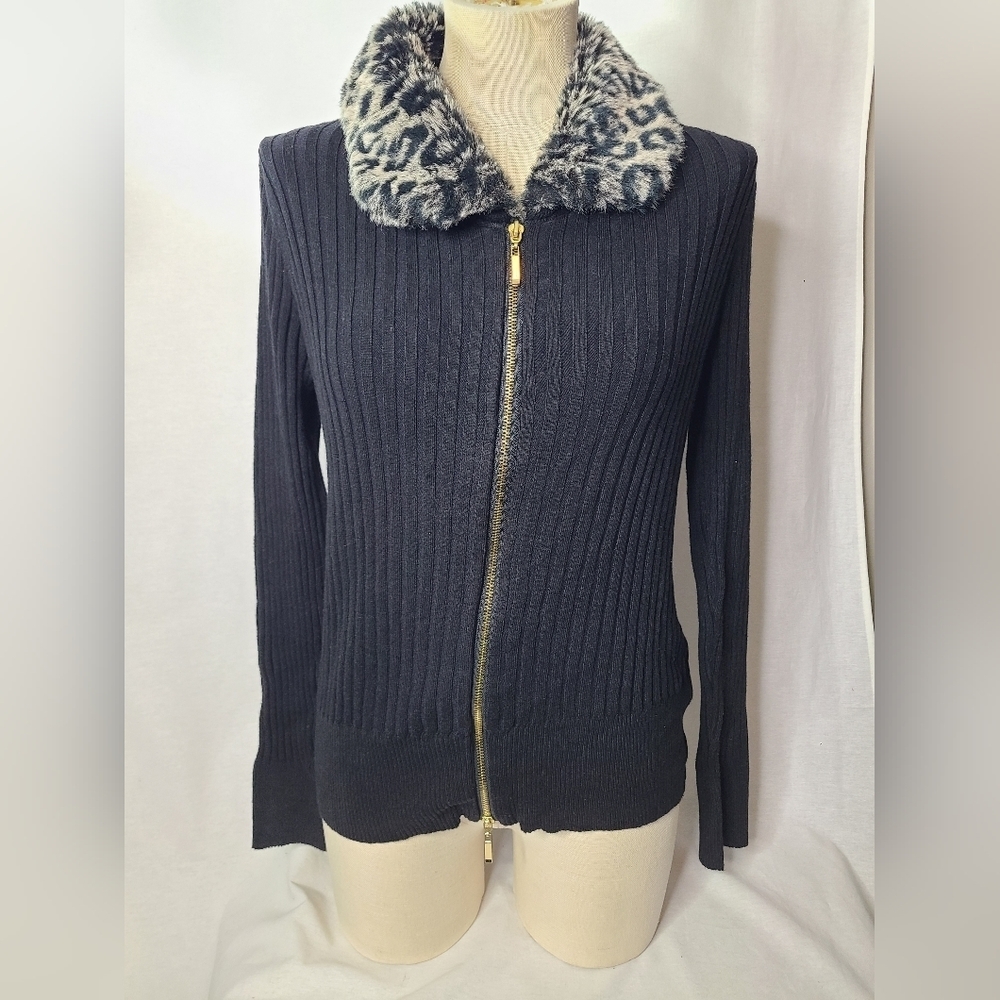Y2K black bodycon fur collar zip up sweater Size large women's